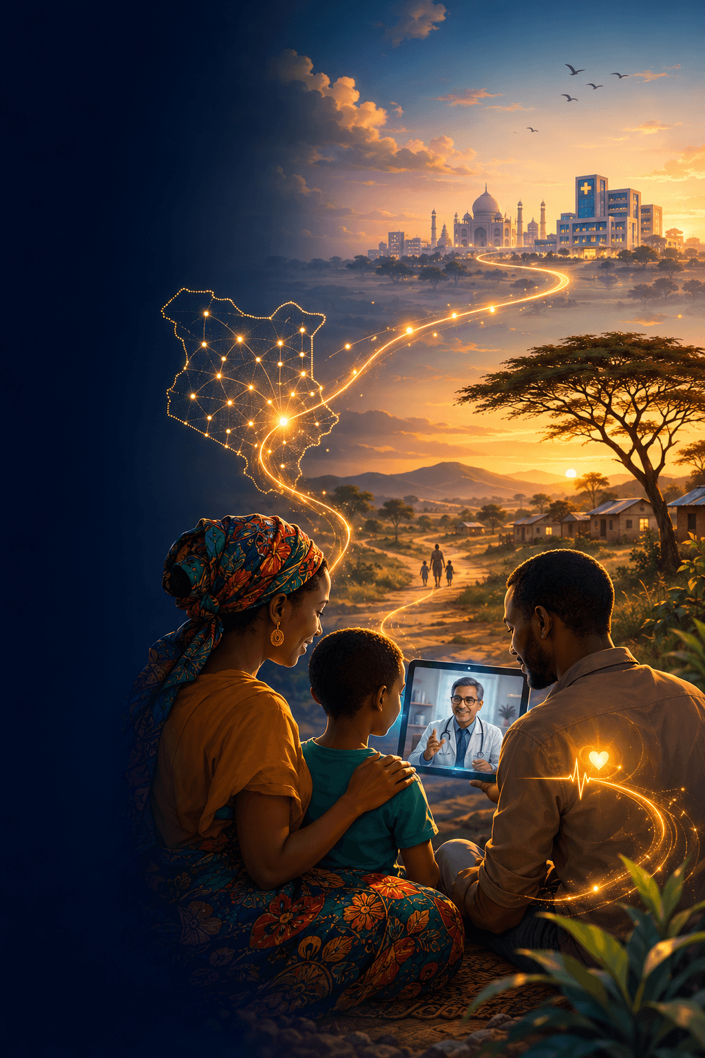 A Kenyan family on a village hillside connects by tablet to a specialist — a golden path of light reaches toward care abroad.
